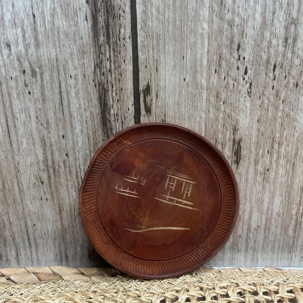 Vintage Coaster Set Asian Landscape Carved Wood Coasters w/ Holder Set of 8